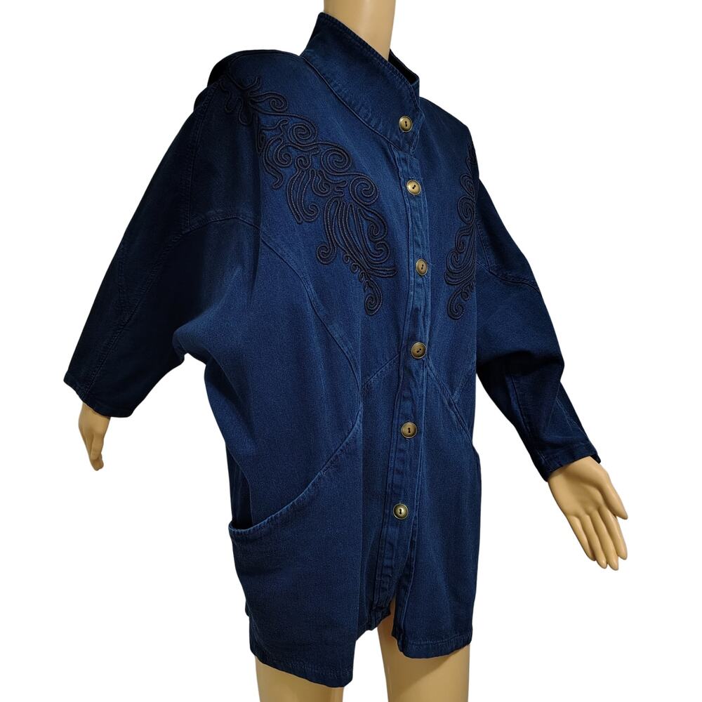1990s Pado California Indigo Blue Denim Jean Jacket Dolman Sleeves Embroidered